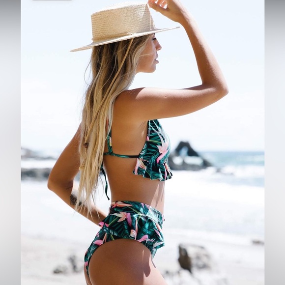 ~Women High Waisted Swimsuit Ruffle V Neck Bikini Two Pieces Swimwear~ - Picture 5 of 6